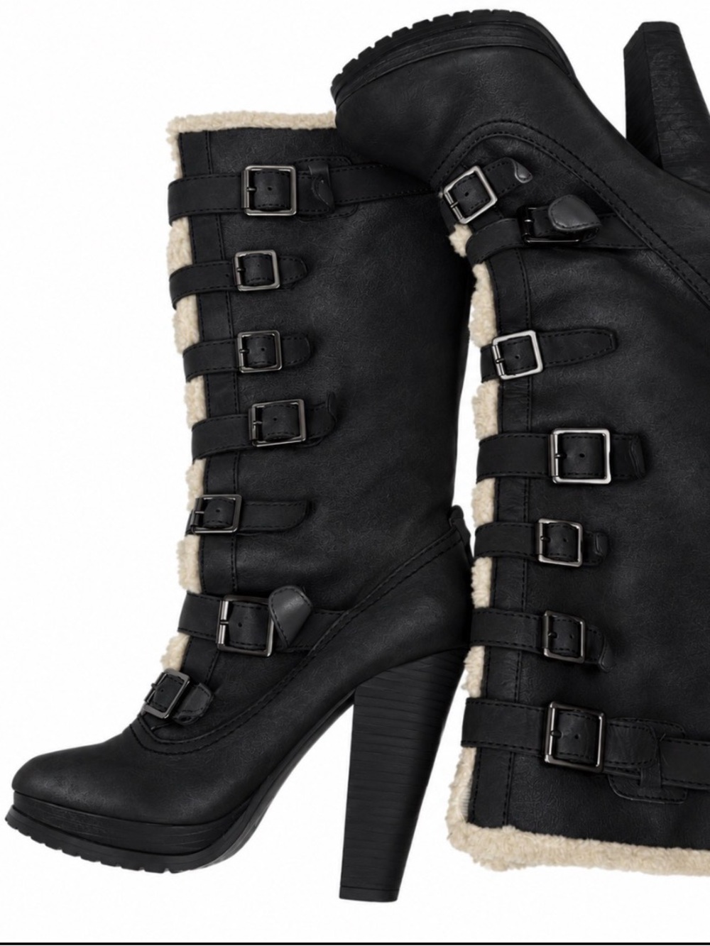 Report Black Buckle Shearling-Trim High-Heel Boots